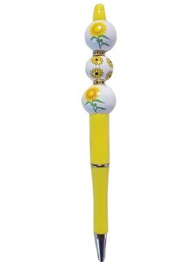 Yellow Sunflower Custom Made Rhinestone Wood Beaded Ink Pen